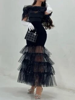 Women's Black Sequin Dress Prom Dress Party Dress Sparkly Dress Black Dress Black Cocktail Dress Dress Bodycon Long Dress Maxi Dress Short Sleeve Spring Fall Off Shoulder Fall Dress