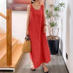 Women's Casual Dress Cotton Summer Dress Maxi Dress Linen Pocket Basic Casual Daily Crew Neck Sleeveless Summer Spring Yellow Pink Pure Color -Slay Clothing Shop de03b8f9 a17b 41d9 8f9b c67208401496