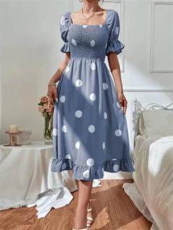 Women's Summer Dress Polka Dot Dress Polka Dot Print Ruched Square Neck Midi Dress Fashion Modern Daily Holiday Short Sleeve Slim Black Blue Brown Summer Spring S M L XL -Slay Clothing Shop de18f331 dbff 4620 93a3 2ec38dafbc24