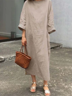 Women's Cotton Linen Dress Casual Dress Midi Dress Cotton Blend Basic Casual Outdoor Daily Crew Neck Pocket 3/4 Length Sleeve Summer Spring 2023 Loose Fit Black White Pink Pure Color S M L XL 2XL