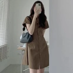 Korean Summer Simple Temperament Lapel Single-breasted Button Waist Slimming Short-sleeved Shirt-style Petite Dress -Slay Clothing Shop df9314a5 bc00 48bc a515 c195575adce7