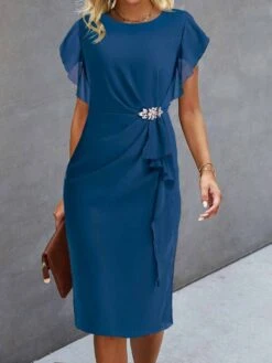 Women's Party Dress Cocktail Dress Wedding Guest Dress Midi Dress Wine Blue Green Short Sleeve Pure Color Ruffle Summer Spring Fall Crew Neck Party Evening Party Wedding Guest Vacation S M L XL 2XL