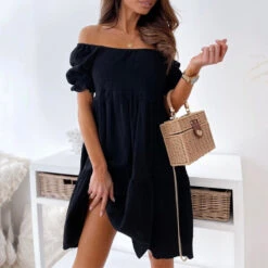 Women's Casual Dress Swing Dress White Dress Mini Dress Black White Beige Short Sleeve Pure Color Ruched Summer Spring Off Shoulder Elegant 2023 S M L XL -Slay Clothing Shop e0026cc7 a569 4686 a36e 2a63e8a4eb15
