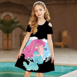 Girls' Casual Dress A Line Dress Tank Dress Short Sleeve Graphic Cartoon Mermaid 3D Printed Graphic Dresses Cute Casual Sweet Above Knee Polyester Dress Summer Spring Kids Sports & Outdoor Daily