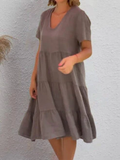 Women's Casual Dress Cotton Linen Dress Swing Dress Midi Dress Linen Cotton Blend Daily Modern Outdoor Daily Holiday V Neck Ruched Ruffle Short Sleeve Summer Spring 2023 Loose Fit Light Blue Rose Red -Slay Clothing Shop e282739f 1ca6 44bd b799 8fb2e4c3a84a