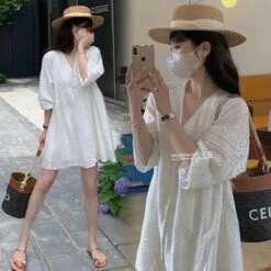 Women's Spring And Summer Korean Version Of Large Size V-neck Hollow Embroidery Dress Casual Outer Wear Gentle Wind Small Dress