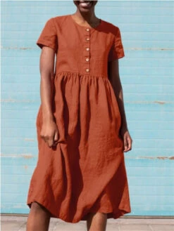 Women's Cotton Linen Dress Casual Dress Midi Dress Cotton Blend Basic Casual Outdoor Daily Crew Neck Ruched Button Short Sleeve Summer Spring 2023 Loose Fit ArmyGreen Navy Blue Orange Pure Color S M -Slay Clothing Shop e4b186c4 3d64 4a09 87fe b0bddd67d0f7