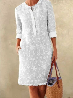 Women's Shirt Dress Casual Dress Cotton Linen Dress Midi Dress Cotton Blend Elegant Modern Outdoor Office Business Crew Neck Lace Button 3/4 Length Sleeve Summer Spring Fall 2023 Loose Fit White