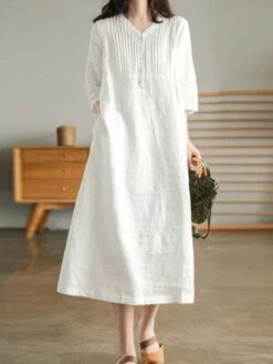 Women's Casual Dress Cotton Linen Dress White Dress Midi Dress Bamboo Fashion Modern Daily Vacation V Neck Ruched Patchwork Half Sleeve Summer Spring Fall 2023 Regular Fit White Blue Orange Plain M L -Slay Clothing Shop e52537aa 05f9 4ccc 9fac 2ecdb07f2467