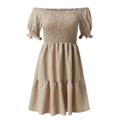 Women's Casual Dress Swing Dress White Dress Mini Dress Black White Beige Short Sleeve Pure Color Ruched Summer Spring Off Shoulder Elegant 2023 S M L XL -Slay Clothing Shop e630a507 2393 417f bf16 881e2d810704