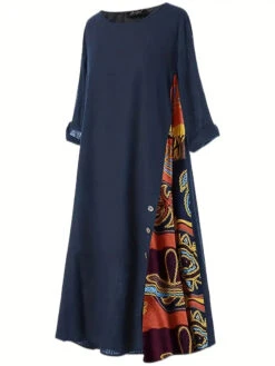 Women's Casual Dress Cotton Linen Dress Swing Dress Maxi Long Dress Print Bohemia Casual Daily Crew Neck Long Sleeve Summer Spring Fall Black Yellow Floral -Slay Clothing Shop e6d730af 0d58 4069 9285 6219a4194914