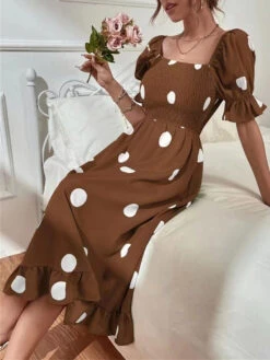 Women's Summer Dress Polka Dot Dress Polka Dot Print Ruched Square Neck Midi Dress Fashion Modern Daily Holiday Short Sleeve Slim Black Blue Brown Summer Spring S M L XL -Slay Clothing Shop e7caad85 88fd 47ce 84a9 432f1f9329fc