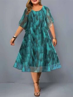 Women's Plus Size Casual Dress Chiffon Dress A Line Dress Graphic Midi Dress Half Sleeve Print Crew Neck Fashion Daily Blue Summer Spring L XL XXL 3XL 4XL
