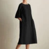 Women's Casual Dress Cotton Linen Dress Shift Dress Maxi Long Dress Pocket Contrast Stitching Daily Crew Neck Half Sleeve Summer Spring Black Wine Pure Color