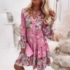 Women's Casual Dress Floral Dress Boho Dress Floral Paisley Ruched Print V Neck Flare Cuff Sleeve Midi Dress Daily Vacation Long Sleeve Summer Spring