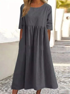 Women's Casual Dress Cotton Dress Swing Dress Midi Dress Cotton Basic Casual Outdoor Daily Crew Neck Pocket Smocked Half Sleeve Summer Spring Fall 2023 Loose Fit Light Blue Black White Pure Color S M -Slay Clothing Shop eaefdd0a 84ed 4344 a5d2 7c248460dc59