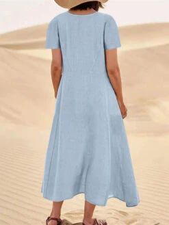 Women's Cotton Linen Maxi Dress Swing Crew Neck Short Sleeve Pockets Summer Spring Loose Fit Plain Pink Sky Blue Khaki -Slay Clothing Shop ebec0de0 503f 496f a733 dcb0edd51253