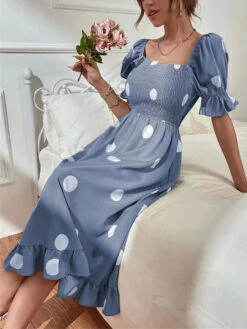 Women's Summer Dress Polka Dot Dress Polka Dot Print Ruched Square Neck Midi Dress Fashion Modern Daily Holiday Short Sleeve Slim Black Blue Brown Summer Spring S M L XL -Slay Clothing Shop ed189316 5a76 4b3a 9c55 867d3c41483b