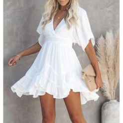 Women's Casual Dress Swing Dress White Dress Mini Dress White Green Short Sleeve Pure Color Lace Up Summer Spring Deep V Vacation 2023 S M L XL XXL 3XL