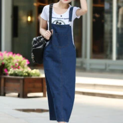Women's Denim Dress Denim Overall Pinafore Dress Maxi Long Dress Denim Basic Casual Daily Holiday Vacation Square Neck Pocket Split Sleeveless Summer Spring Fall 2023 Regular Fit Blue Pure Color S M