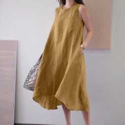 Women's Casual Dress Cotton Linen Dress Swing Dress Maxi Long Dress Cotton Blend Casual Daily Holiday Vacation Crew Neck Pocket Asymmetric Sleeveless Summer Spring 2023 Loose Fit Yellow Dark Green