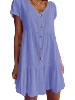 Women's Casual Dress Cotton Linen Dress Swing Dress Mini Dress Cotton Blend Basic Classic Outdoor Daily Vacation V Neck Ruched Button Short Sleeve Summer Spring 2023 Regular Fit White Blue Purple -Slay Clothing Shop f013268f bb18 45a3 9517 1883e1600f43