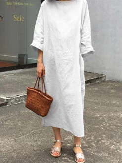 Women's Cotton Linen Dress Casual Dress Midi Dress Cotton Blend Basic Casual Outdoor Daily Crew Neck Pocket 3/4 Length Sleeve Summer Spring 2023 Loose Fit Black White Pink Pure Color S M L XL 2XL -Slay Clothing Shop f01d887e 3aa3 48fc 886b bc398b0052c5