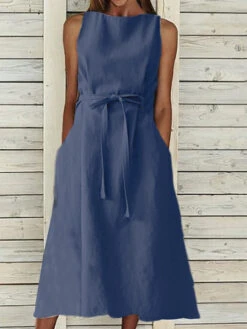 Women's Casual Dress Cotton Summer Dress Midi Dress Linen Cotton And Linen Lace Up Pocket Basic Classic Daily Vacation Crew Neck Sleeveless Summer Spring Navy Blue Orange Plain -Slay Clothing Shop f0b4fce1 5e88 4545 9b40 c9df77de3050