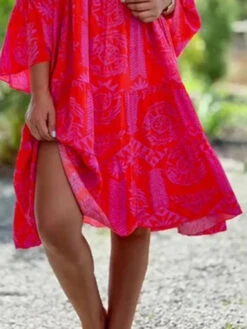 Women's Casual Dress Swing Dress Tiered Dress Floral Geometric Ruffle Print V Neck Midi Dress Fashion Modern Daily Holiday 3/4 Length Sleeve Loose Fit Fuchsia Summer Spring S M L XL XXL -Slay Clothing Shop f0d0e920 fdd0 4113 9fd1 d7feb67822a2