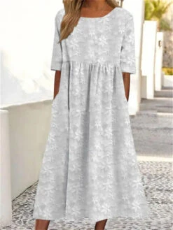 Women's Casual Dress Cotton Linen Dress Swing Dress Midi Dress Cotton Blend Fashion Modern Outdoor Daily Vacation Crew Neck Ruched Pocket Half Sleeve Summer Spring Fall 2023 Regular Fit White Flower