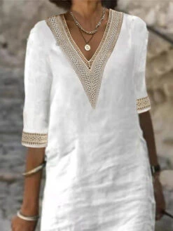 Women's Cotton Linen Dress Casual Dress Shift Dress Midi Dress Cotton And Linen Fashion Modern Outdoor Daily Vacation V Neck Patchwork Half Sleeve Summer Spring 2023 Regular Fit Gray Plain 3XL -Slay Clothing Shop f1acf2c9 5af6 42e3 8553 8485a423097d