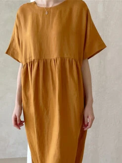 Women's Casual Dress Cotton Linen Dress Tiered Dress Maxi Long Dress Linen / Cotton Blend Daily Casual Outdoor Home Daily Crew Neck Pocket Short Sleeve Summer Spring 2023 Loose Fit Yellow Pink Plain -Slay Clothing Shop f2c803ae fff9 465e a25e d58d0c5d86f2