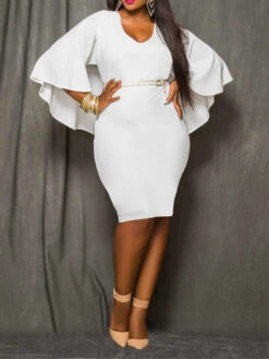 Women‘s Plus Size Curve Work Dress Sheath Dress Formal Dress Floral Midi Dress 3/4 Length Sleeve Ruffle V Neck Elegant Office Black White Spring Summer L XL XXL 3XL