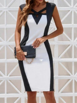 Women's Work Dress Sheath Dress Semi Formal Dress Fashion Midi Dress Patchwork V Neck Sleeveless Color Block Regular Fit White Summer Spring S M L XL XXL