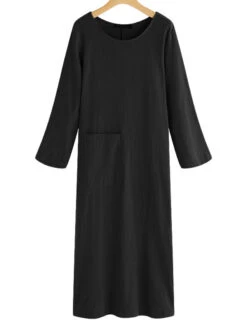 Women's Casual Dress Cotton Linen Dress Midi Dress Cotton Blend Basic Casual Outdoor Daily Vacation Crew Neck Pocket Long Sleeve Summer Spring Fall 2023 Loose Fit Black Wine Navy Blue Plain S M L XL -Slay Clothing Shop f3fedf35 54c6 44d6 a14b a01d5547f762