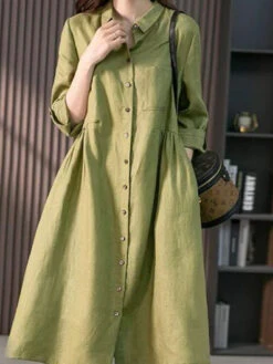 Women's Shirt Dress Casual Dress Cotton Linen Dress Midi Dress Cotton Blend Basic Casual Daily Vacation Shirt Collar Button Pocket 3/4 Length Sleeve Summer Spring Fall 2023 Loose Fit Pink Green Pure -Slay Clothing Shop f51818d6 59b9 49bd 8584 a7712c82299c