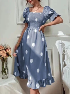 Women's Summer Dress Polka Dot Dress Polka Dot Print Ruched Square Neck Midi Dress Fashion Modern Daily Holiday Short Sleeve Slim Black Blue Brown Summer Spring S M L XL -Slay Clothing Shop f5baeb9b f048 45c8 a4a2 4609be16f452