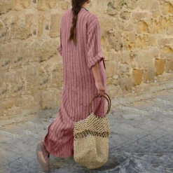 Women's Cotton Linen Maxi Tartan Dress Casual Split Neck Rolled Cuff Long Sleeve Spring Summer -Slay Clothing Shop f68a4d9a 9804 4fc3 8f3b 717c31bf593a