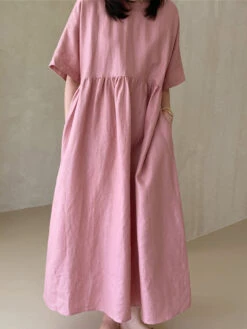 Women's Casual Dress Cotton Linen Dress Tiered Dress Maxi Long Dress Linen / Cotton Blend Daily Casual Outdoor Home Daily Crew Neck Pocket Short Sleeve Summer Spring 2023 Loose Fit Yellow Pink Plain -Slay Clothing Shop f6bf2d0a b0fa 470b ad84 5b1b37bade3d
