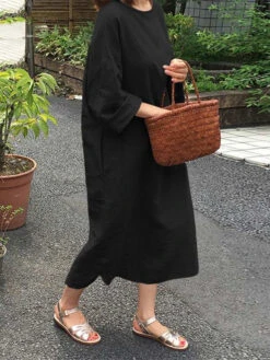 Women's Cotton Linen Dress Casual Dress Midi Dress Cotton Blend Basic Casual Outdoor Daily Crew Neck Pocket 3/4 Length Sleeve Summer Spring 2023 Loose Fit Black White Pink Pure Color S M L XL 2XL -Slay Clothing Shop f7e0f7a6 51a3 4f62 9c85 87d22a4dfb1d