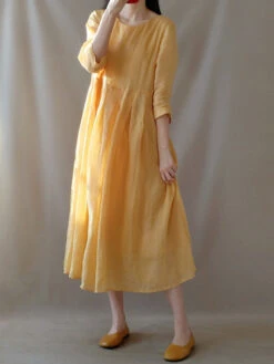 Women's Casual Dress Cotton Linen Dress Swing Dress Midi Dress Cotton Blend Basic Casual Outdoor Daily Vacation Crew Neck Ruched Pocket 3/4 Length Sleeve Summer Spring 2023 Loose Fit Yellow Gray Plain