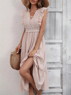 Women's Casual Dress Summer Dress Midi Dress Ruffle Patchwork Daily Holiday Date Fashion Modern V Neck Sleeveless 2023 Regular Fit Pink Color S M L XL Size