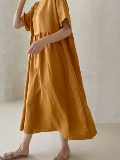 Women's Casual Dress Cotton Linen Dress Tiered Dress Maxi Long Dress Linen / Cotton Blend Daily Casual Outdoor Home Daily Crew Neck Pocket Short Sleeve Summer Spring 2023 Loose Fit Yellow Pink Plain -Slay Clothing Shop f98d037f 282f 4eff b166 0ef19ef5f709