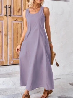 Women's Casual Dress Cotton Linen Dress White Dress Maxi Long Dress Linen / Cotton Blend Fashion Street Style Outdoor Daily Date Crew Neck Pocket Sleeveless Summer Spring 2023 Regular Fit White -Slay Clothing Shop fab82456 8d28 400b 8eaa dc8c0442939a