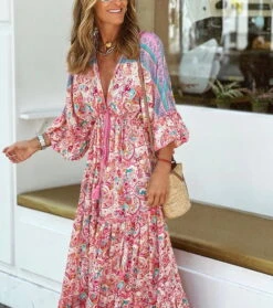Women's Floral Ruched Print V Neck Maxi Long Dress Daily 3/4 Length Sleeve Fall Winter -Slay Clothing Shop fb7ddb0e 8daf 44c7 a321 efb59d265618