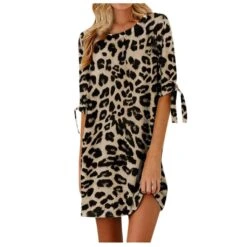 Women's Print Dress Leopard Print Crew Neck Mini Dress Basic Daily Short Sleeve Regular Fit Khaki Grey Summer S M L XL 2XL -Slay Clothing Shop fb8e5d0d a956 458c 84e1 27905b5b52e2