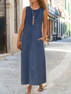 Women's Denim Dress Shift Dress Maxi Long Dress Denim Modern Casual Vacation Crew Neck Patchwork Sleeveless Summer Spring Black Royal Blue Blue Pure Color S M L XL 2XL