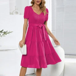 A-Line Cocktail Dresses Elegant Dress Wedding Guest Cocktail Party Knee Length Short Sleeve Jewel Neck Belt / Sash Spandex With Pleats Ruched 2024