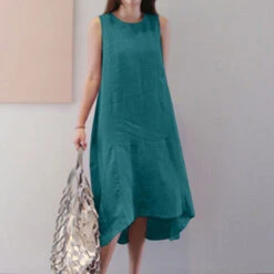 Women's Casual Dress Cotton Linen Dress Swing Dress Maxi Long Dress Cotton Blend Casual Daily Holiday Vacation Crew Neck Pocket Asymmetric Sleeveless Summer Spring 2023 Loose Fit Yellow Dark Green -Slay Clothing Shop fe248542 3cc2 4bf9 9178 831c35b91558