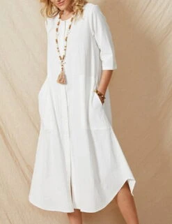 Women's Casual Dress Cotton Linen Dress Shift Dress Midi Dress White 3/4 Length Sleeve Pure Color Pocket Summer Spring Crew Neck Chic & Modern Vacation Loose Fit Retro S M L XL XXL 3XL -Slay Clothing Shop ff08f9d6 70be 4e72 afee 735e40ae188a